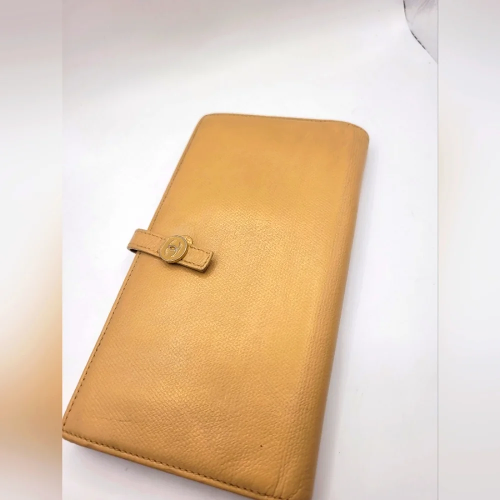 Chanel Coco Button Beige Gold Long Grained Wallet